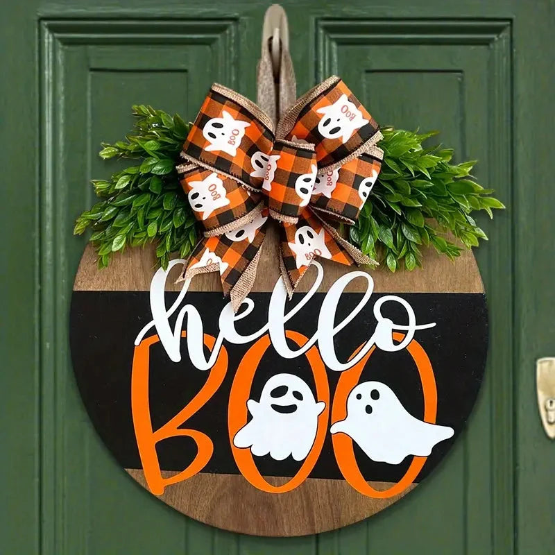 Halloween Round Wooden Board Front Door Decoration Wreath