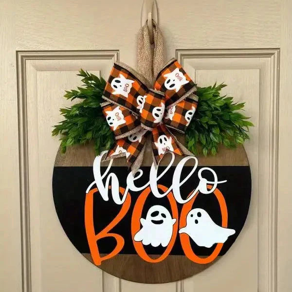 Halloween Round Wooden Board Front Door Decoration Wreath