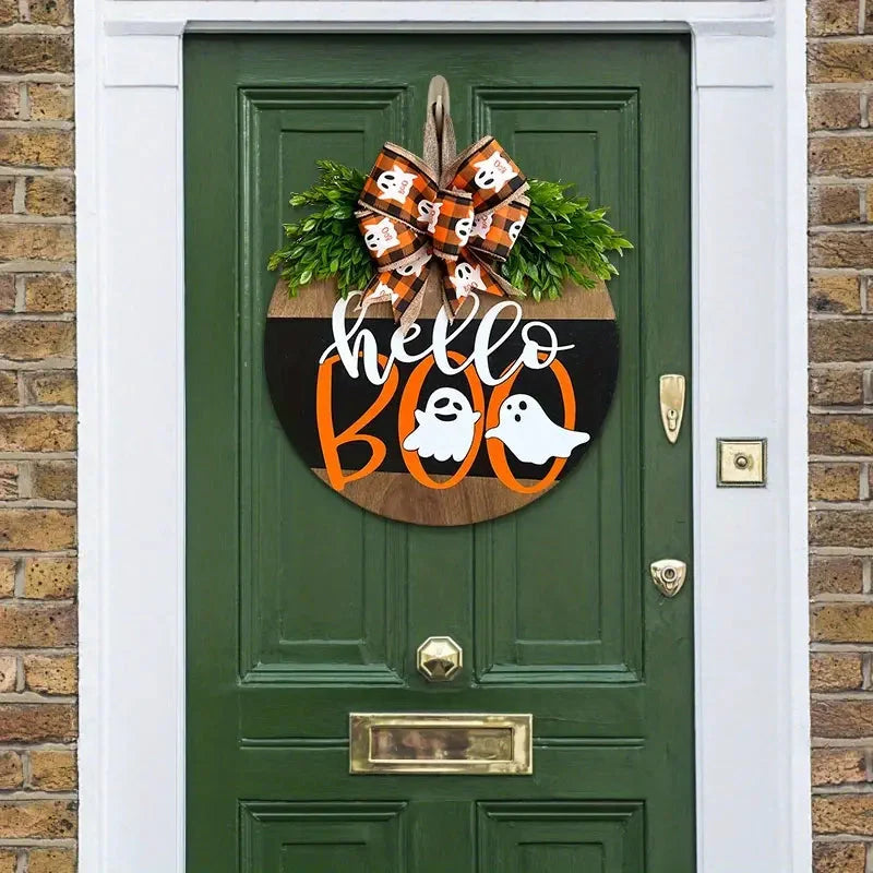 Halloween Round Wooden Board Front Door Decoration Wreath
